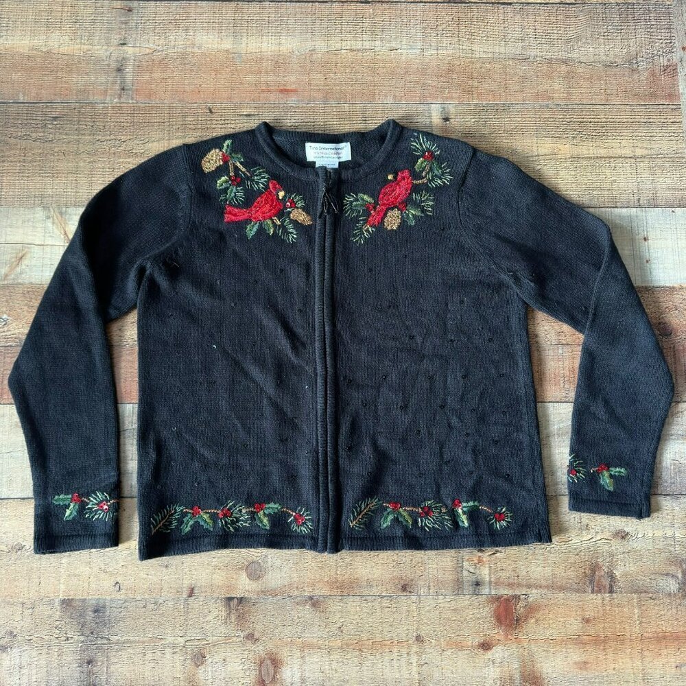 Tiara International Christmas Cardigan Sweater Womens Embroidered Birds Berries